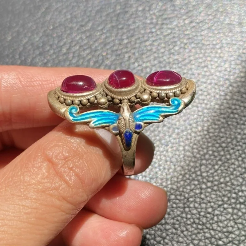 Vintage Old Silver Cloisonne Open Ring, Inlaid Red Starlight Gem, Double Blessing Motif, Ethnic Style Collectible Finger Jewelry