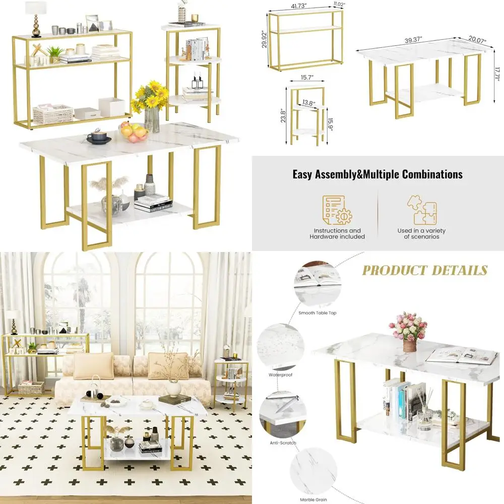 

Modern 3-Piece Coffee Table Set with End and Console Tables, Faux Marble, White & Gold Living Room Furniture