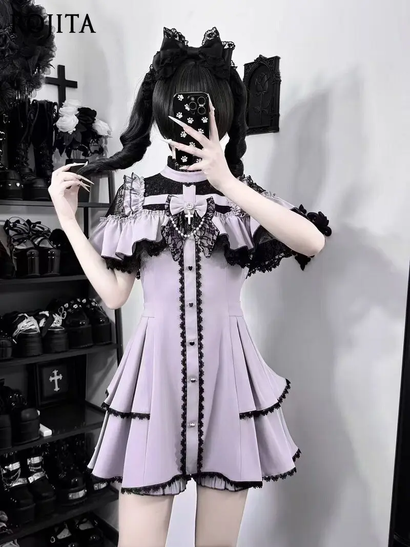 Summer Short Sleeved Lolita Dresses Japanese Sweet Bow Lace Ruffle Pleated Waist Shorts Two Pieces Sets Women