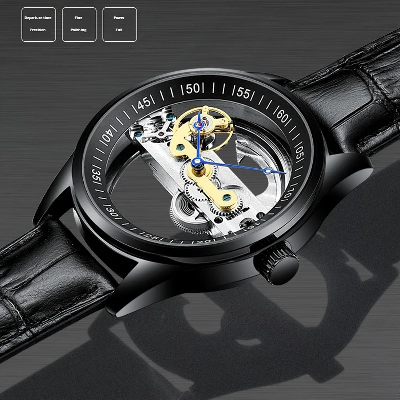 BINKADA العلامة التجارية الأزياء Steampunk شفافة الهيكل العظمي الميكانيكية ووتش الرجال جلد أسود للماء الرجال جوفاء التلقائي ووتش