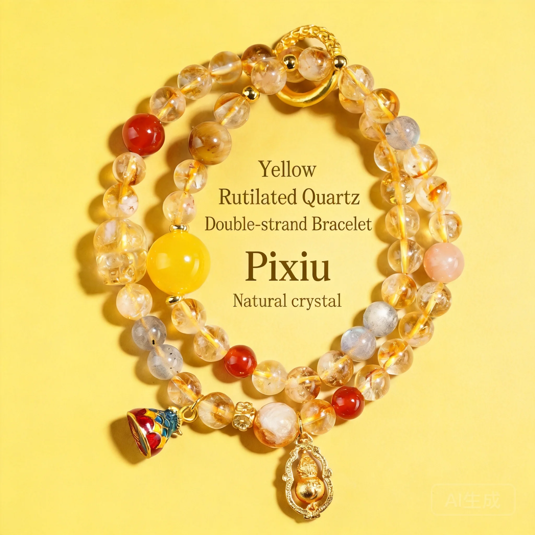 

Natural Yellow Tower Crystal Double Layer Bracelet Chinese Style Pixiu Gourd Lucky Wealth Blessing Feng Shui Jewelry For Women