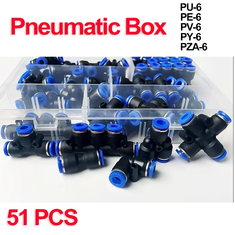 51Pcs Pneumatic Connectors Boxed PU-6 PE-6 PZA-6 PY-6 PV-6 PG-6 PK-6 Kit 6mm Outer Diameter of the Hose Pipe Tube Air