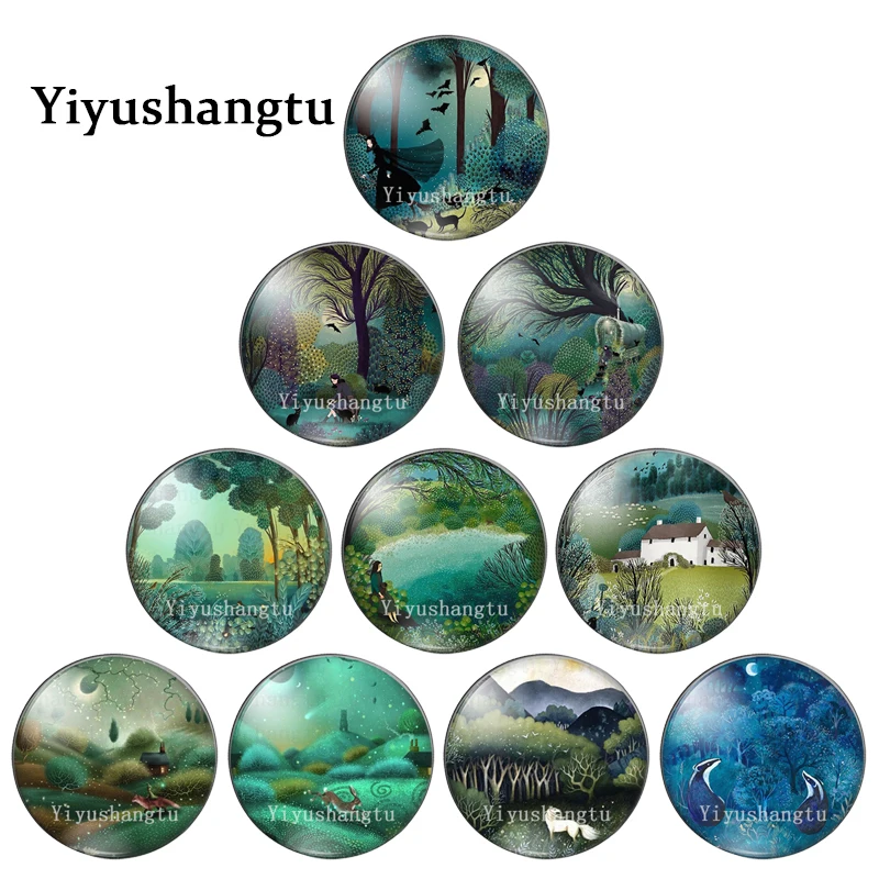 Green tree fairy tale forest painting 12mm/18mm/20mm/25mm Round photo glass cabochon demo flat back Making findings