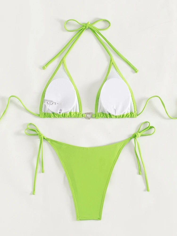 Grass Green Heart Button Halter Bikini Set Sexy Women Low Waisted Hanging Neck Backless Swimsuit 2025 Summer Size S,M,L,XL