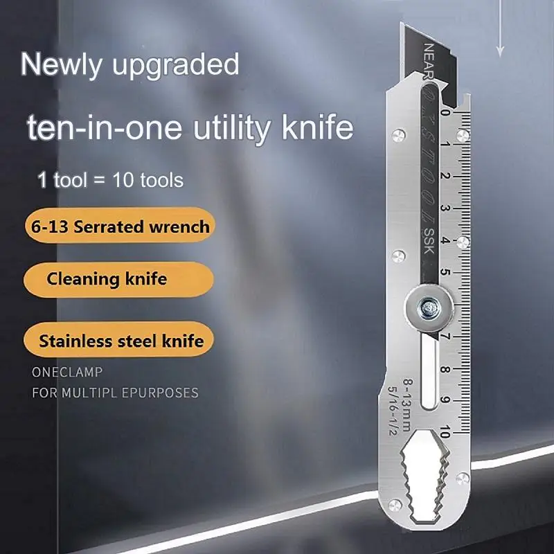 Utility Knife Scraper Remover Stainless Steel 10 in 1 Multi-tools for Office Home Cleaning Shovel Wrench Screwdriver Bottle Open