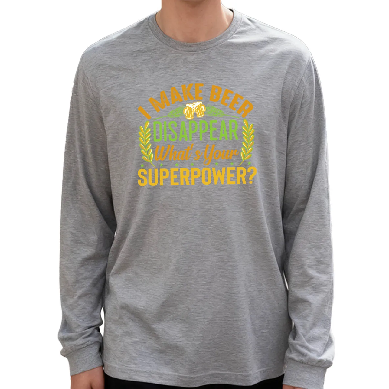 تي شيرت رجالي بأكمام طويلة من Make Beer Disappear 180 جرام 100% قطن مطبوع برقبة دائرية ملابس يومية غير رسمية ناعمة وقابلة للتنفس
