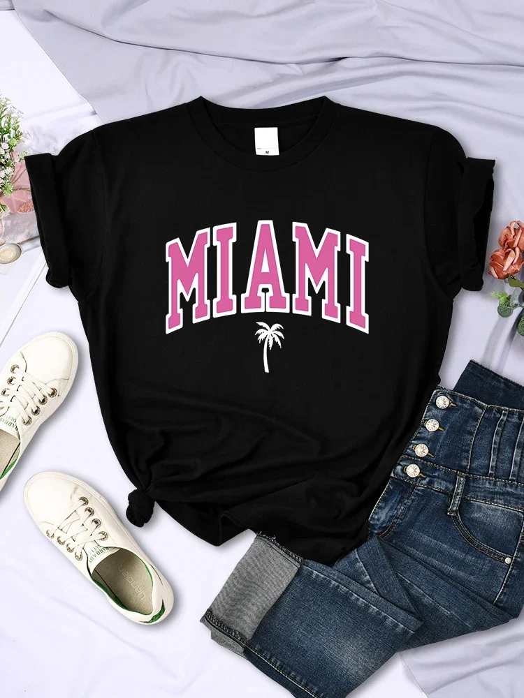 T Shirt Miami Beach Florida USA Street Printed Crop Top Women Summer Breathable Short Sleeve Soft Comfortable Loose Casual Tees