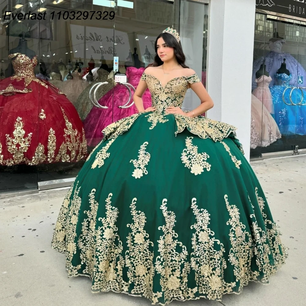 

EVLAST 2025 Dark Green Quinceanera Dress Ball Gown Gold Lace Applique Beading Mexican Corset Sweet 16 Vestido De 15 Anos QD1044