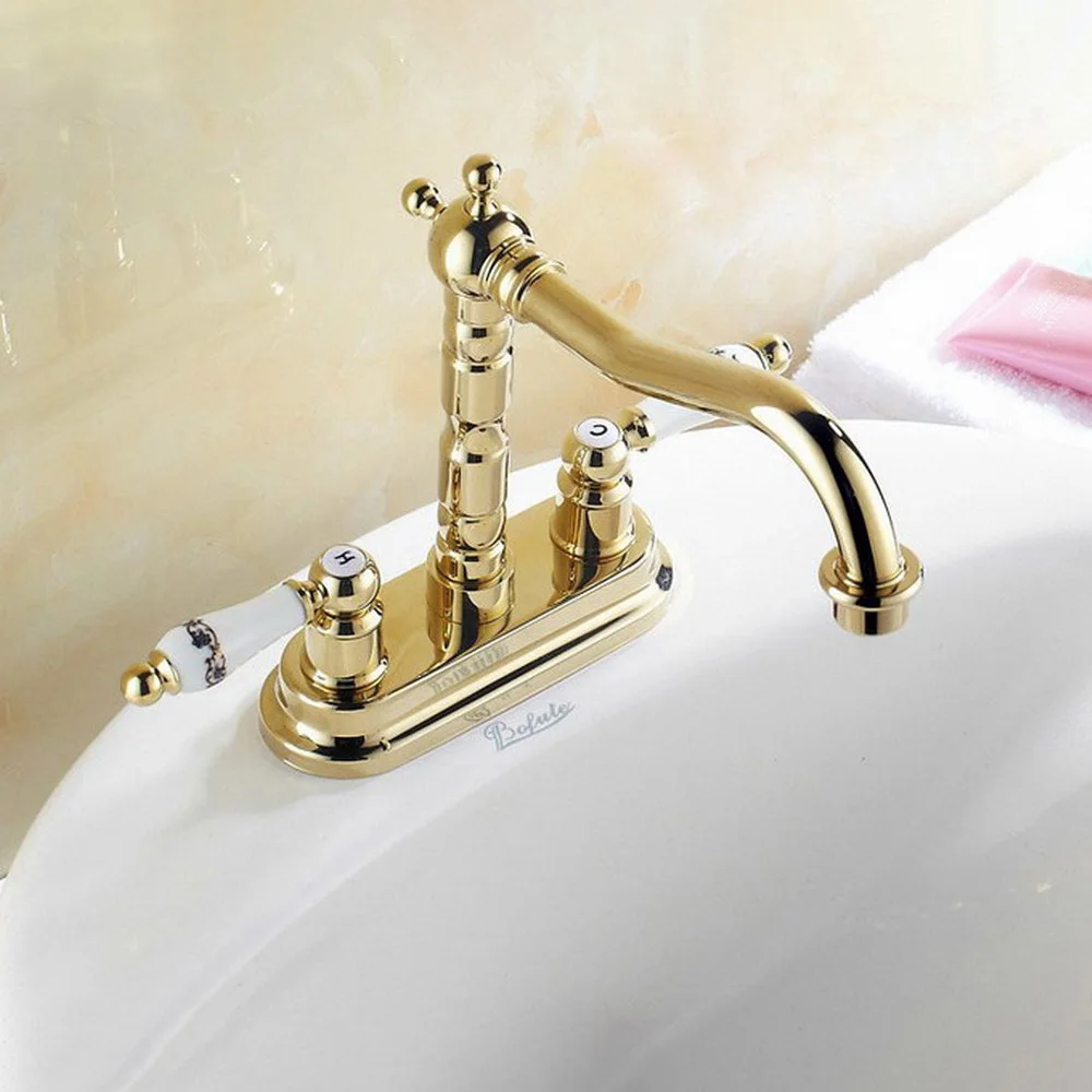 Poliert Gold Farbe Messing Dual Keramik Griff 4 "Centerset Küche Waschbecken Wasserhahn Kalt-und Warmwasser Mischer Becken Wasserhähne lnf322