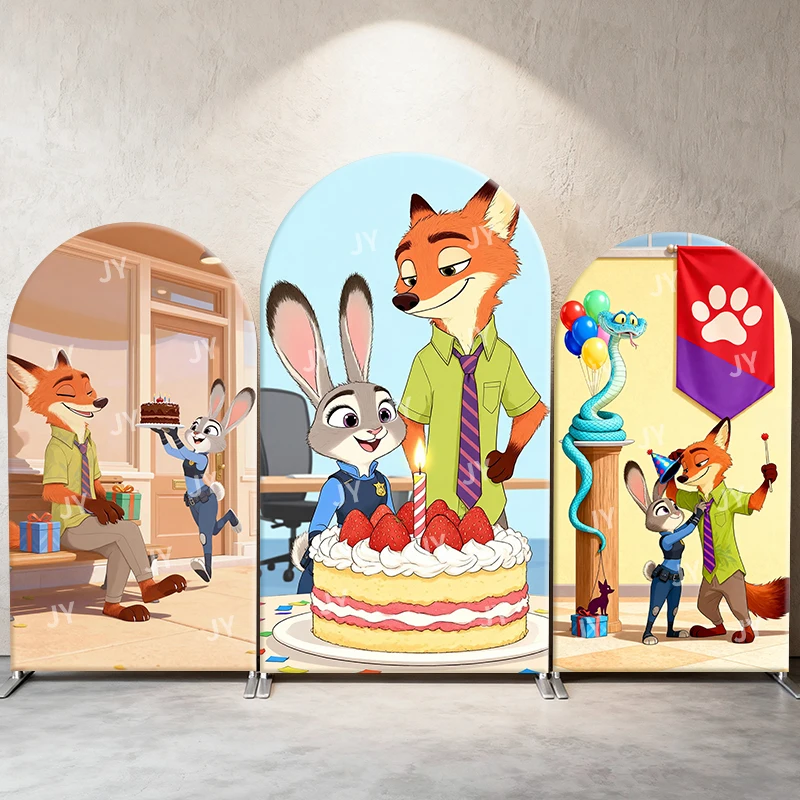 

Zootopia Judy & Nick Arch Backdrop Cover Birthday Celebration Scene Cute Cartoon Decor for Birthday and Baby Shower Photo Booth