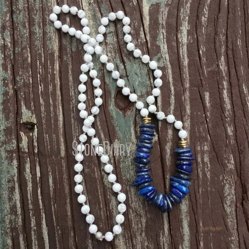 NM21503 Natural Gemstone Lapis Lazuli Heishi With Howlite And Brass Beads Necklace Hand Knotted Long Beaded Necklace