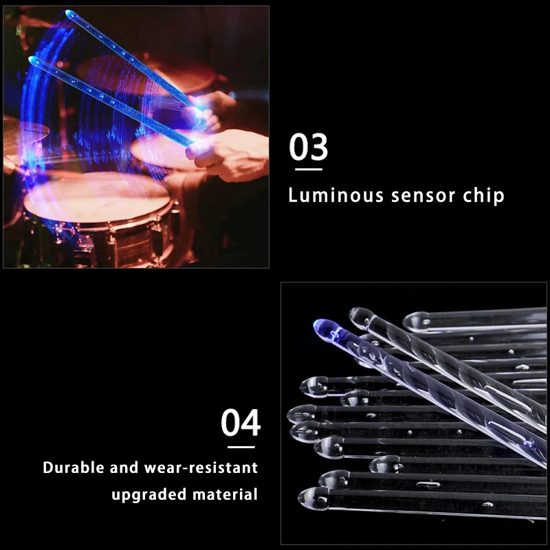 أفخاذ الباعثة للضوء 5A أعواد طبلة الفلورسنت المتينة غير القابلة للكسر لمجموعة طبلة طبلة موسيقى الجاز المطرقة مرحلة الأداء 1 زوج