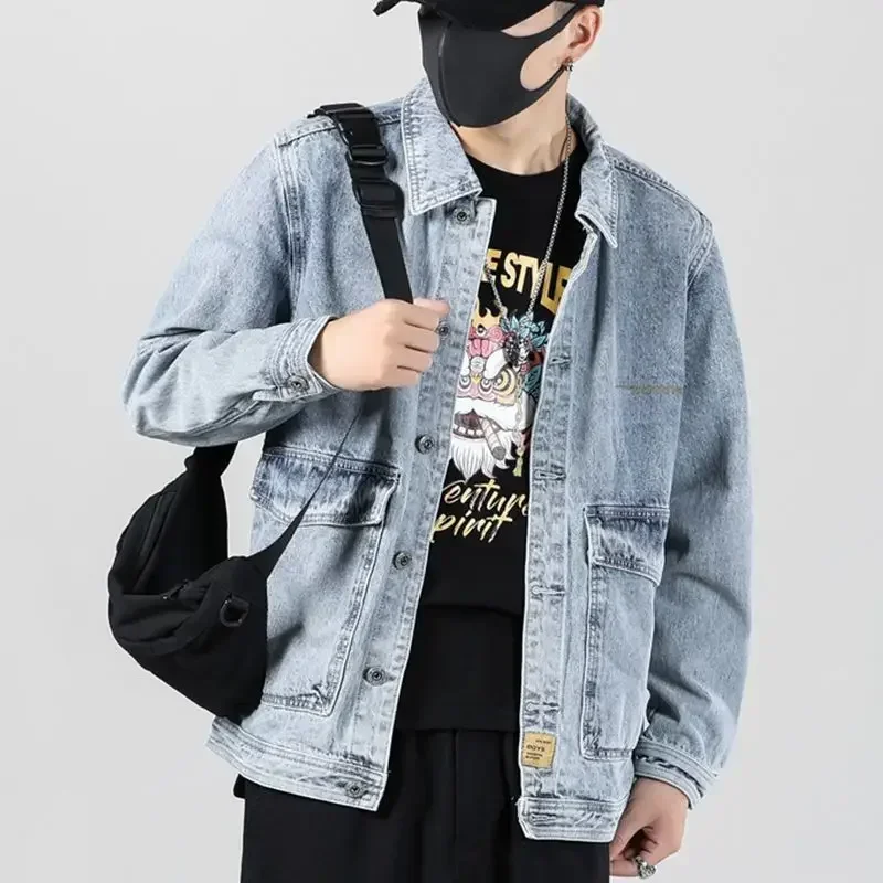 Men's Denim Jacket Japanese Spliced Button Male Jean Coats Autumn Aesthetic Fashion Winter Oversize Worn Big Size Of Fabric