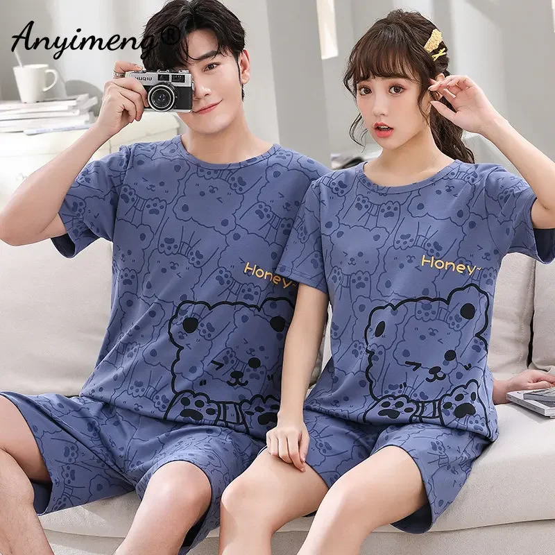 New Summer Fashion Couple Round Collar Pajamas Set Kawaii Bear Printing Sleepwear for Young Lovers Homesuit Couple's Loungewear