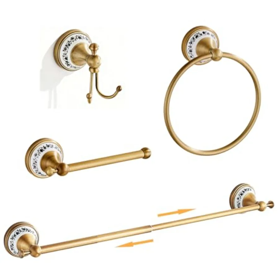 

Bathroom towel bar set: antique brass, adjustable expandable rack, bronze toilet paper holder, towel ring, robe hookretro porce