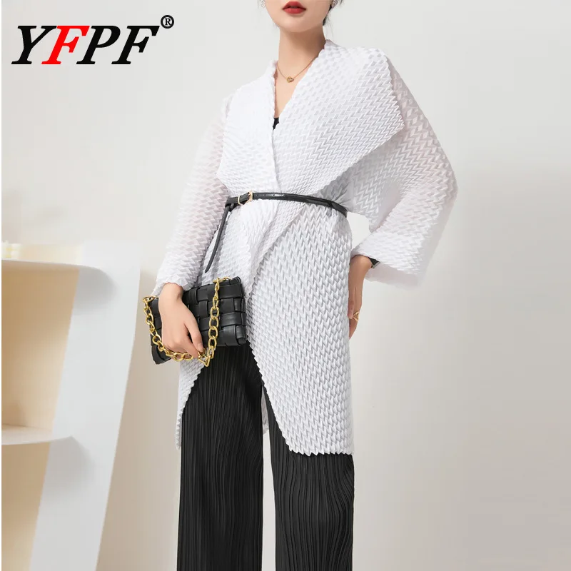 

YFPF, осенняя новая однотонная плиссированная куртка Miyake, пальто, женская модная свободная ветровка с лацканами и открытой строчкой, 1920, универсальная одежда