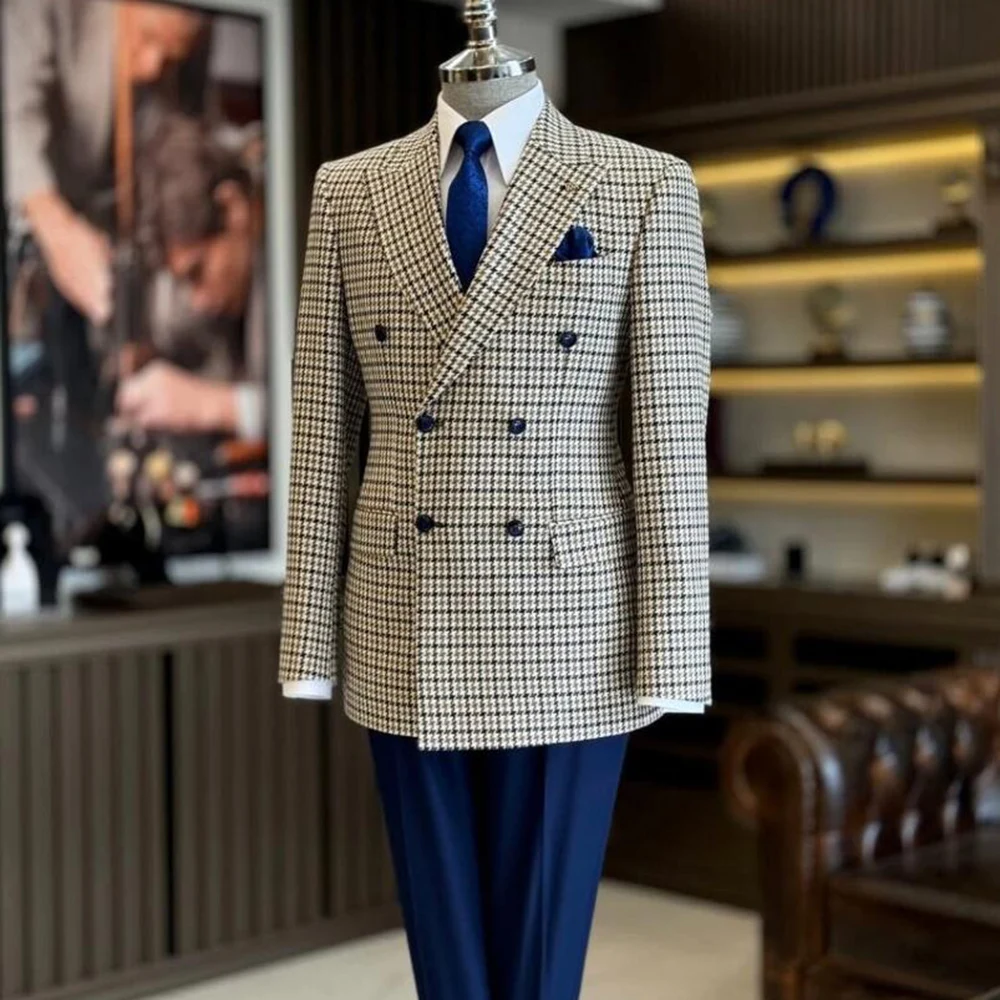 Patchwork Plaid Checks Suits Men For Business Office Double Breasted Blazers Pants 2 Pieces Smart Casuel Groom Tuxedo Customized