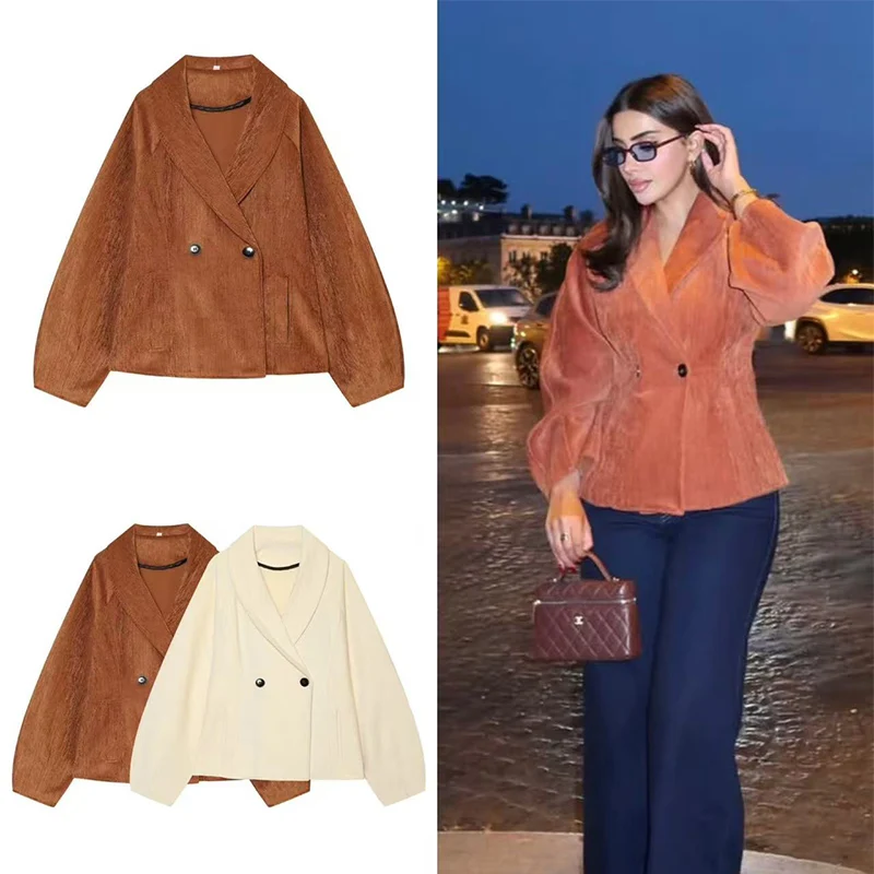 Guobioziy 2026 Autumn New Balloon Sleeve Blazer Women Double Breasted Jacket Vintage Velvet Texture Coat Elegant Office Lady
