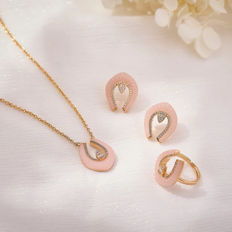 

Pure 925 Sterling Silver Jewelry For Women Pink Horseshoe Wedding Jewelry Set High Quality Earrings Necklace Party Fine Jewelry