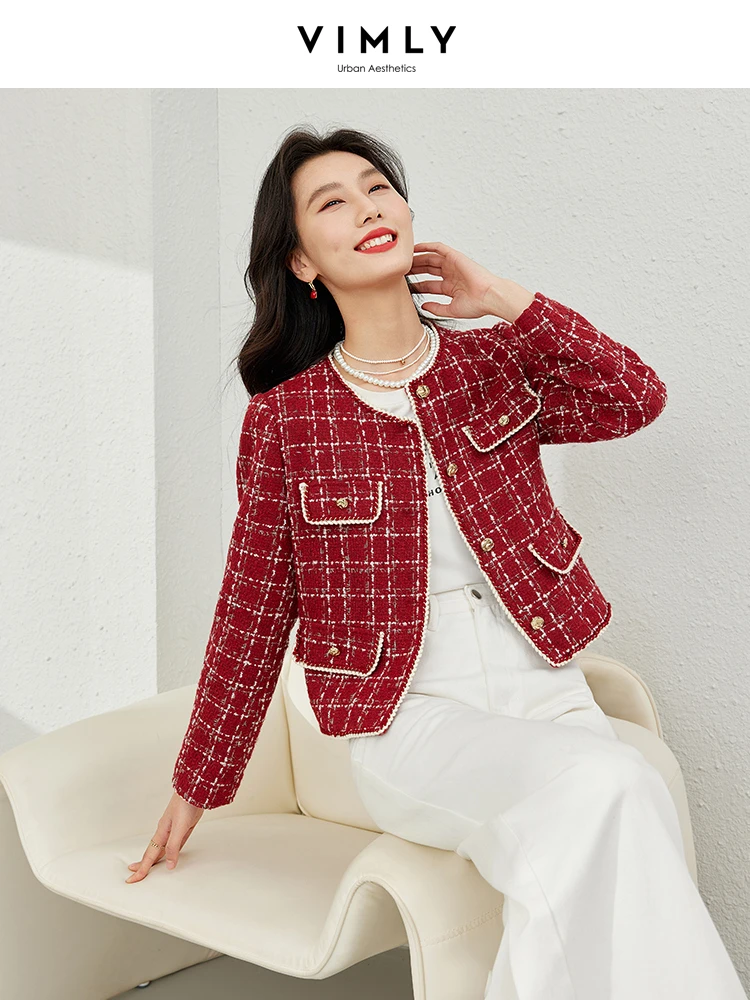 Vimly Red French Style Plaid Elegant Tweed Jacket 2024 Spring O-neck Single Breasted Coat Women Short Female Outerwear M6179