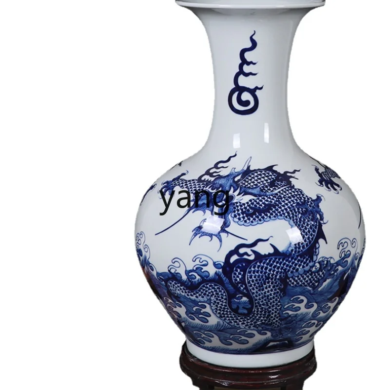 L'm'm Hand Painted Dragon Pattern Vase Living Room Flower Arrangement Blue and White Porcelain Antique Shelf Plum Vase Ornaments