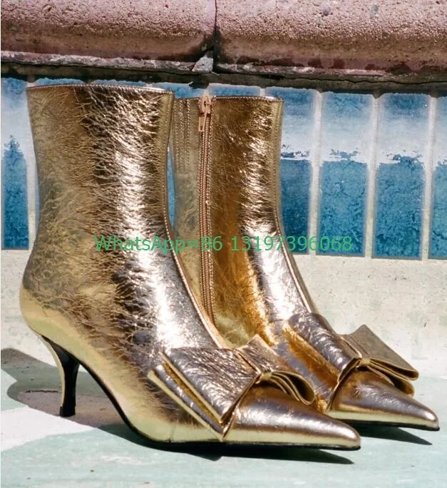 

Lady gold bowtie sequins bling pattern PU ankle boots sexy black low heel kitten heel boots PU causal new arrive boots size 46