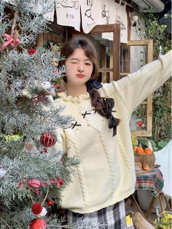 

Pink Bow Knot round Ne Thiened Loose Women's Knitted Sweater Autumn Winter New Sle Lazy Faion Crew Ne Knitwear Top