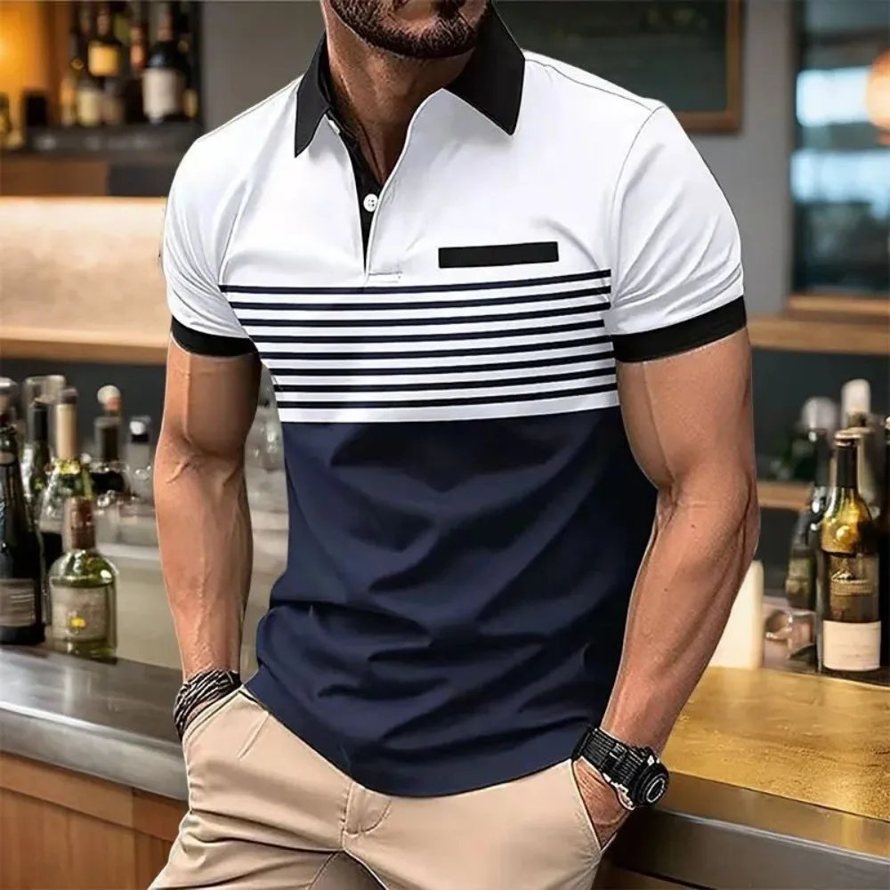 European and American Men's Summer Fashion Simple Striped Print Comfortable Breathable Polo Short Sleeved T-Shirt Outdoor Casual image 6