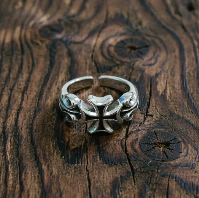 

S925 Sterling Silver Cross Situation Ring Punk Style Personalized Trendy Open Finger Ring with Old Thai Silver Jewelry