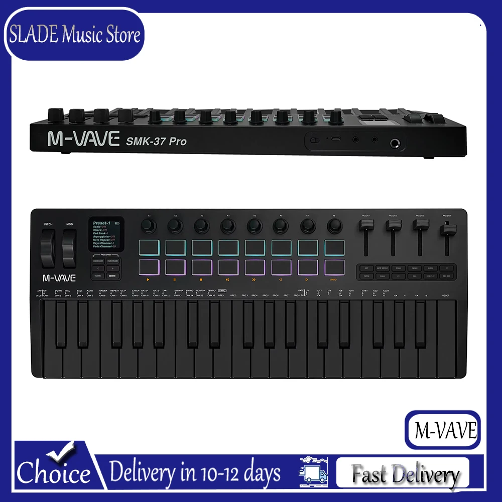 

M-VAVE SMK-37 PRO MIDI Keyboard: 37 Keys, Built-In Sound Source, Wireless Compatible&16 Pads for Multi-System Connection
