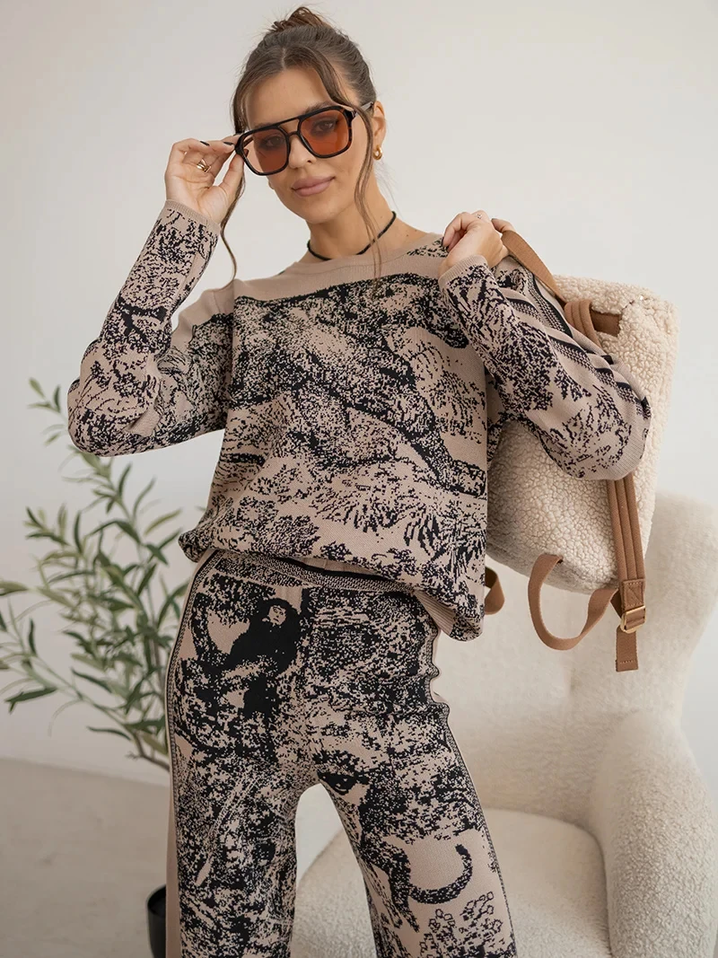 

Ink Tiger Knit Two Piece Set Casual Winter Loungewear Tracksuit Women Sweater Matching Sets 2 Piece Knit Pants Sets For Women