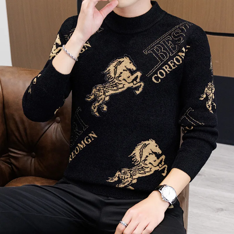 

Men's European Sle High-End Faux Fur Knitwear f High Collar Winter Warm Slim Fit Fce Lined Trendy Base irt