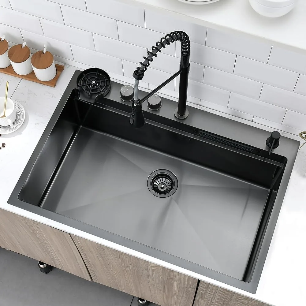 33 Inch Black Drop In Kitchen Sink Waterfall with Faucet Combo, 33x22 Inch Drop In Waterfall Kitchen Sink Workstation 16 Gauge