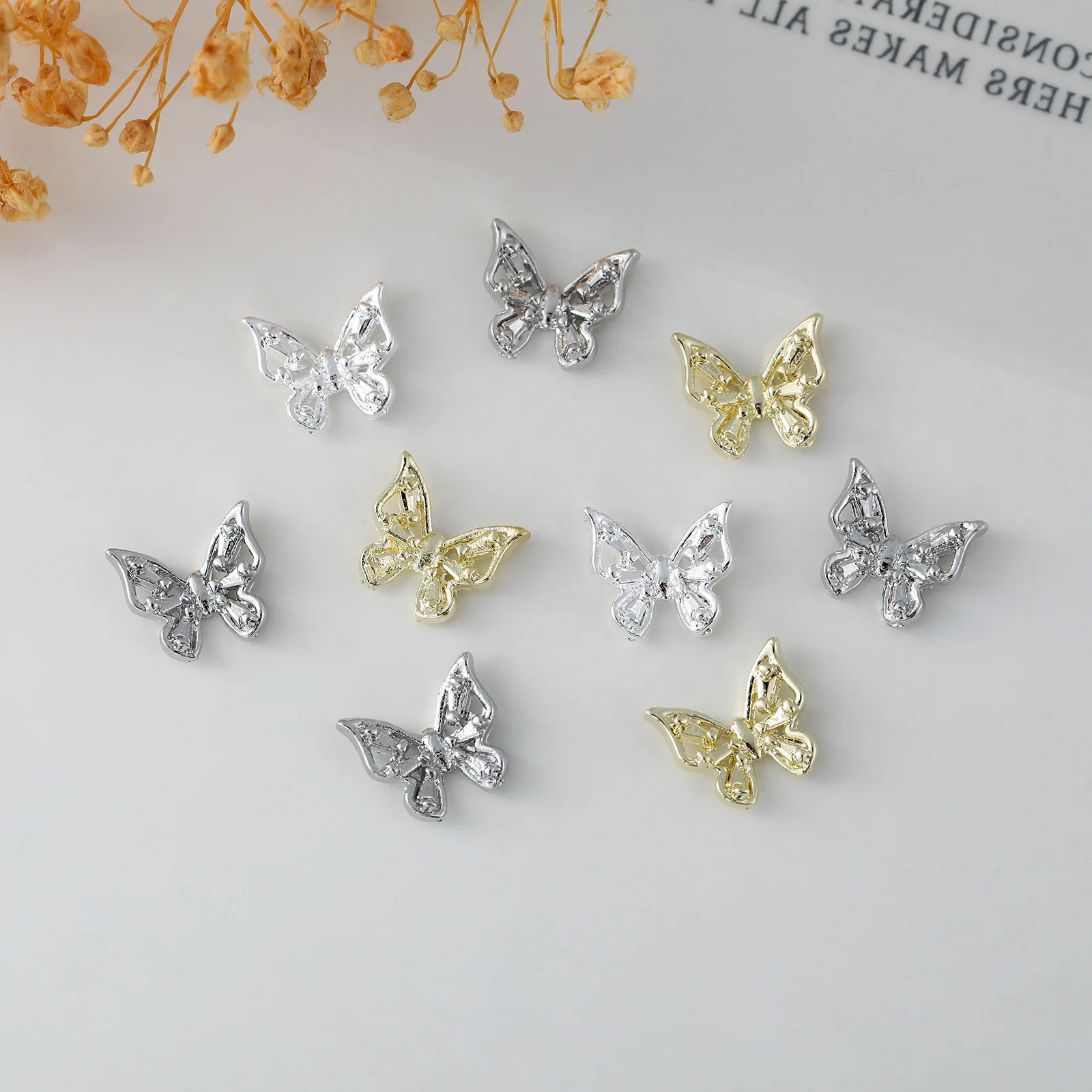 مجوهرات ثلاثية الأبعاد من سبيكة معدنية الفراشة ، دروع مجوفة تشبه الفراشة ، إكسسوارات أظافر ، 20 من سبائك الأظافر