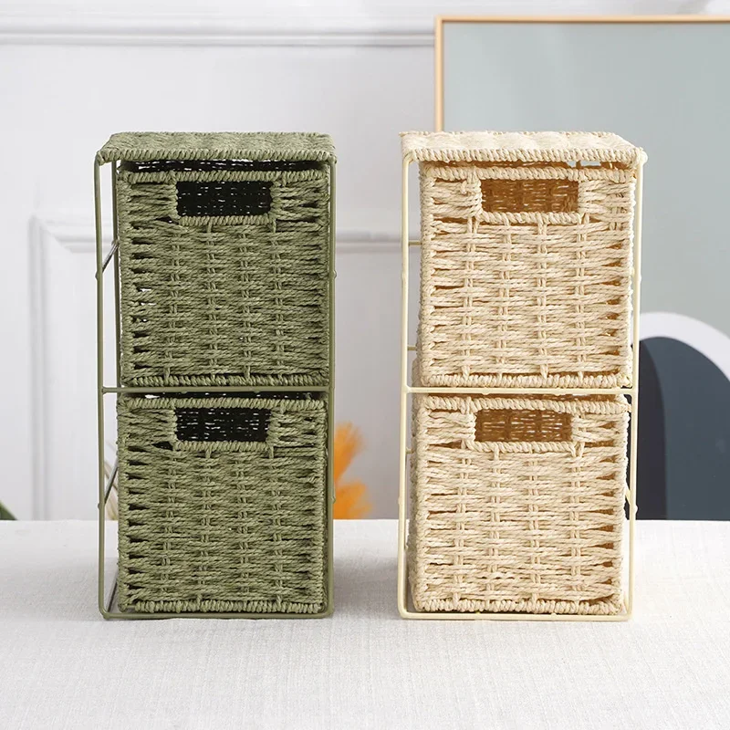 Rattan Woven Storage Basket Double Layer Drawer Creative Nordic Compartment Living Room Cabinet