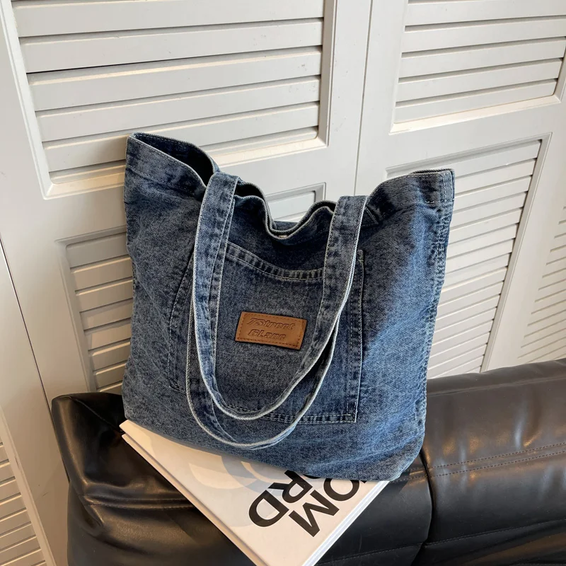 1Pcs Solid Color Denim Shoulder Bag Large Capacity Tote Bag fashion Commuter Work Bucket Bag