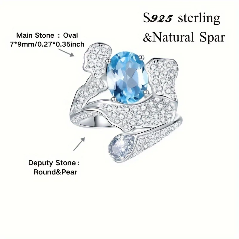 7x9mm Sky Blue Oval Natural Topaz  925 Silver Plated with 18K Gold, Elegant, Rock Crystal Mosaic, Single Statement Piece