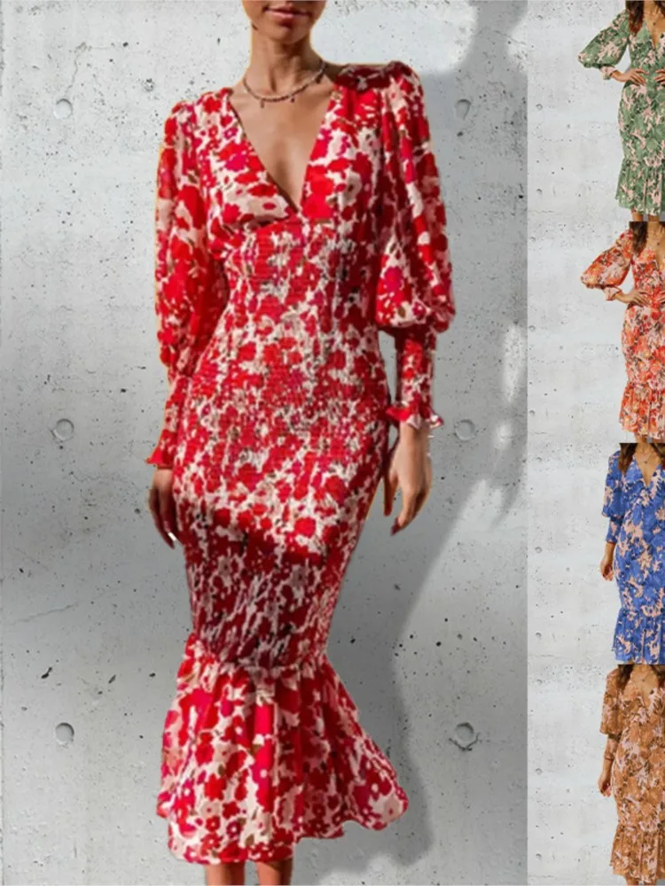 2024 Spring Autumn New Fashionable Printed Sexy V-neck Slimming Fishtail Seven Quarter Sleeve Princess Sleeve Dress
