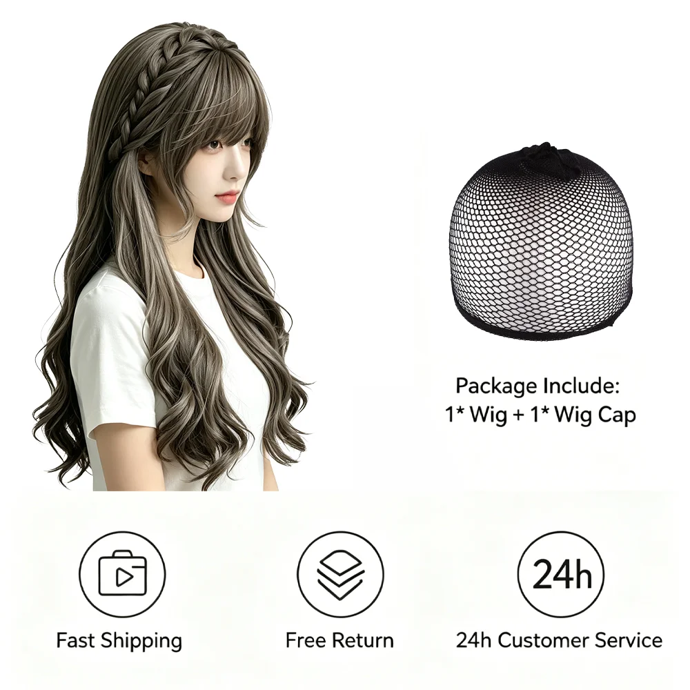 Sweet Cute Lolita Braided Long Wavy Wig Dark Ash Brown With Air Bangs Heat Resistant Synthetic Hair For Women Cosplay Party
