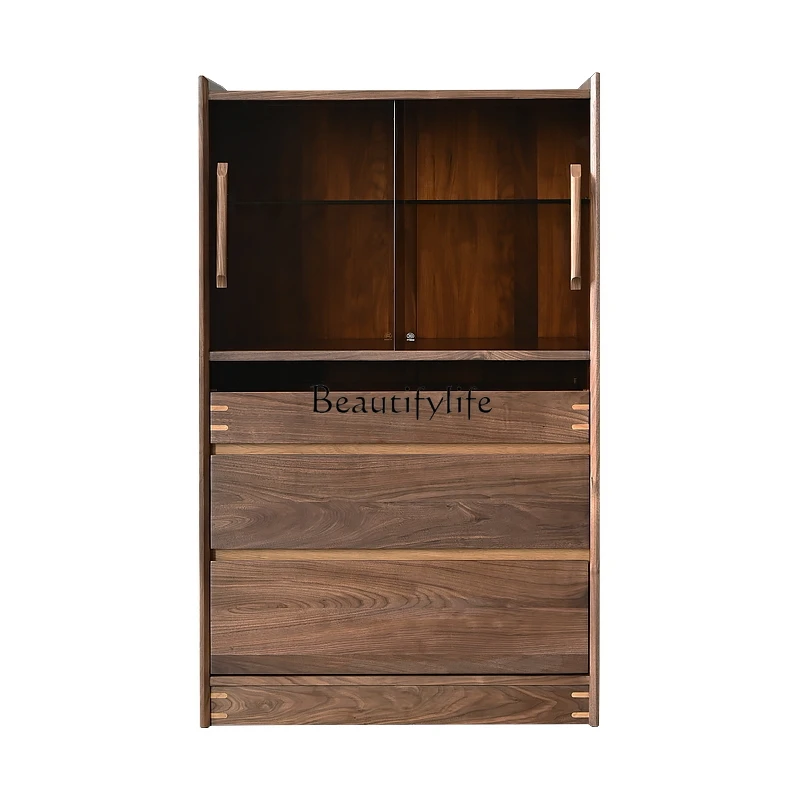 

North American Black Walnut Guest Restaurant Tea Locker Glass Door Display Storage Side Cabinet