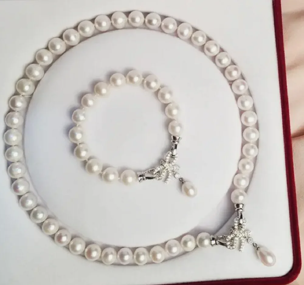 

18 inch brand new AAA+9-10mm AAA+SouthSea natural white pearl necklace bracelet set 925s 20in 24in 26in 28in