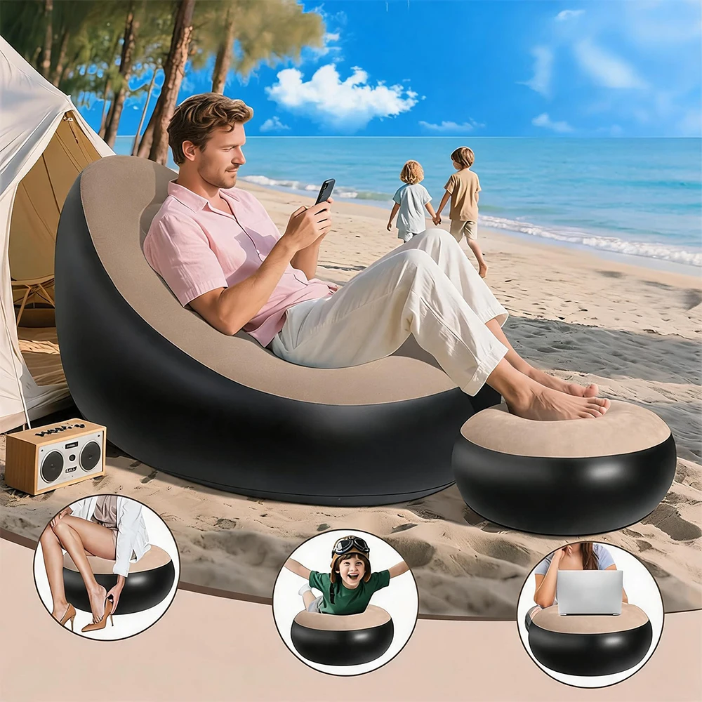 Przenośne dmuchane siedzisko meble ogrodowe dmuchana sofa z podnóżkiem pompka nożna udźwig 100 kg pluszowy PVC salon kemping plaża oszczędność miejsca do sypialni ogrodu podróży