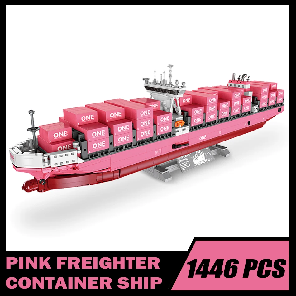

MOC City Pink Freighter Container Ship Model Building Blocks Heavy Ocean-going Cargo Ships Assembly Bricks Toys Kids Adults Gift