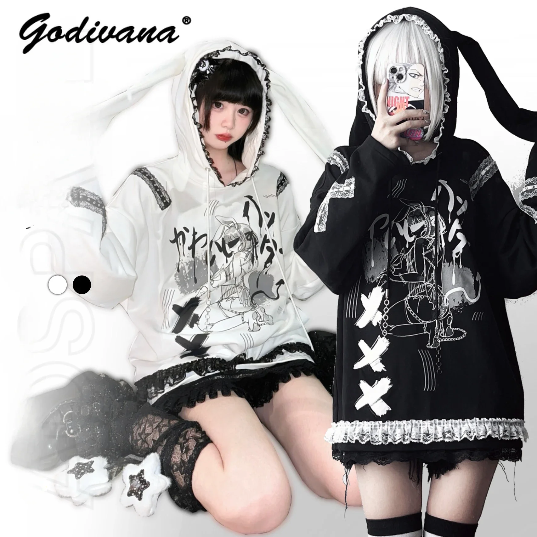 Original Sub-Culture Cartoon Printed Sweet Cool Black and White Rabbit Ear Hooded Sweatshirt Girls Y2K Pullover Hoodie Tops