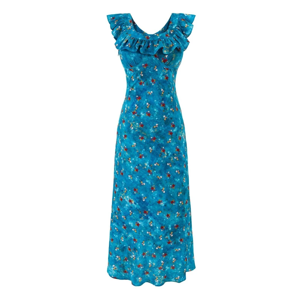 Blue Floral Print Long Dress Ruffled Edge Slim A Line Skirts Sleeveless O Neck Vest Long Gowns Office Lady Elegant Party Dresses