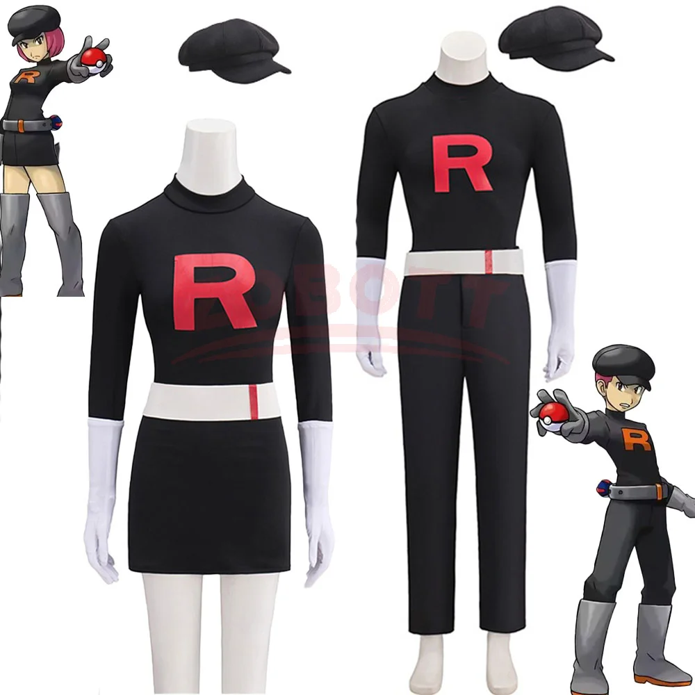 Traje Completo de Cosplay de Team Rocket Grunt en Blanco y Negro con Sombrero para Hombres y Mujeres Adultos, Disfraz de Anime para Mascarada de Halloween