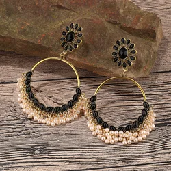 Europe and America Vintage Bohemian Flower Shaped Earrings For Women Luxurious Fashion Imitation Pearl Tassel Earrings