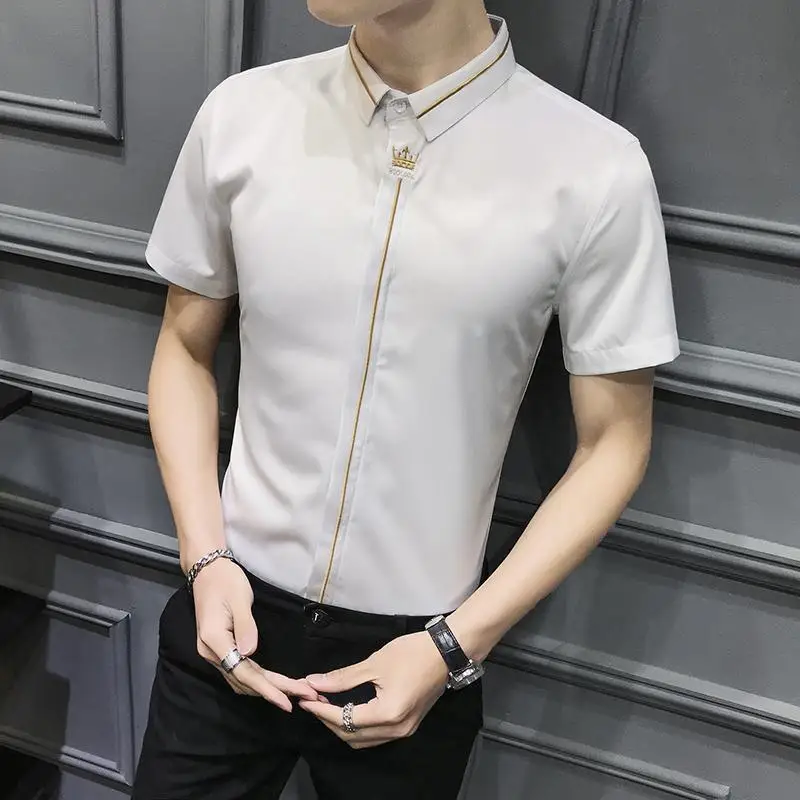 

Мужская летняя тонкая рубашка Slim Fit с коротким рукавом, модная, белая, повседневная, из полиэстера, с отложным воротником, молодежная