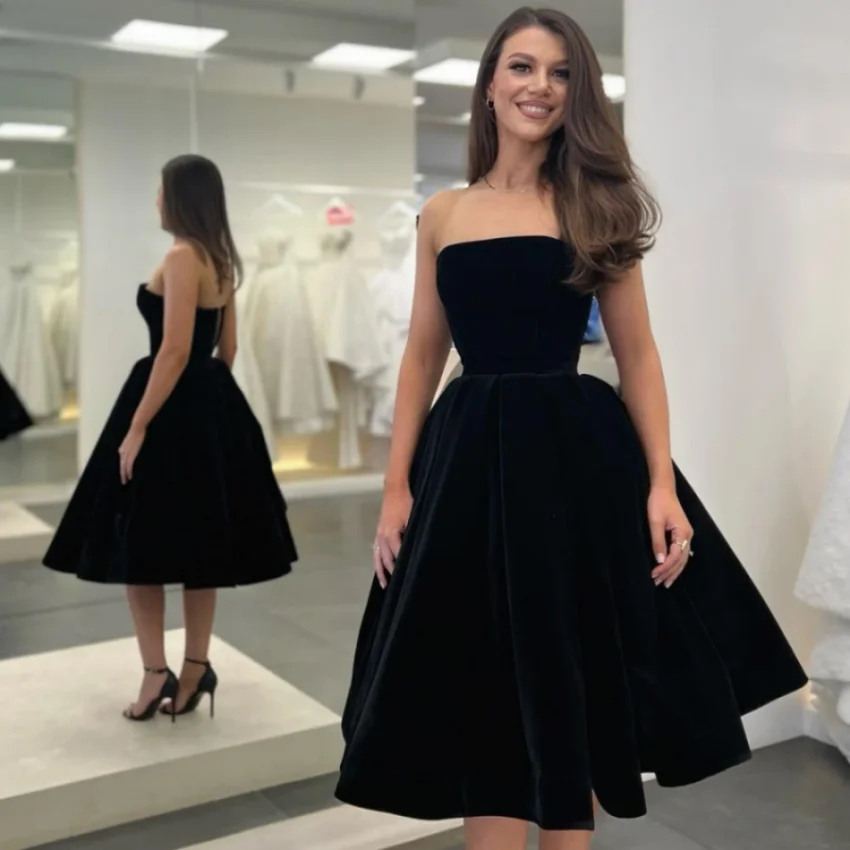 

Velvet Little Black Dress 2024 Prom Dresses Tea Length A line Strapless Birthday Celebrity Party Evening Dress Robe De Bal