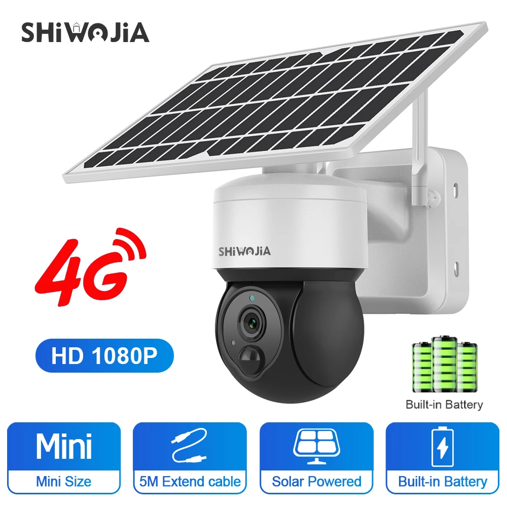 SHIWOJIA 4G SIM Solar Camera 1080P Bulit-in Battery Smart Monitor Video CCTV Security Protection PTZ Outdoor Solar Panel Cam